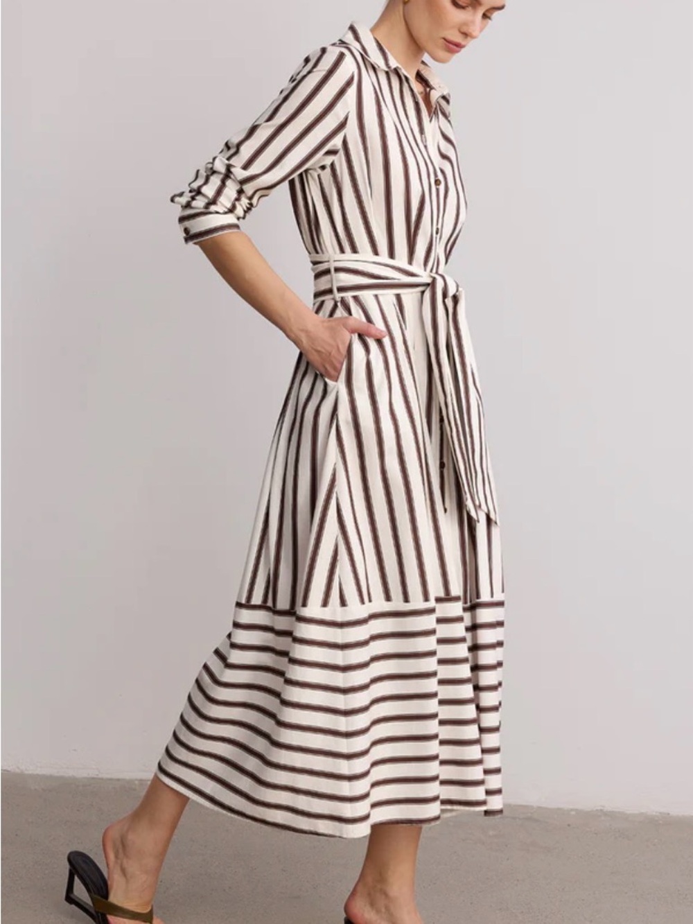 Commense belted striped shirt dress